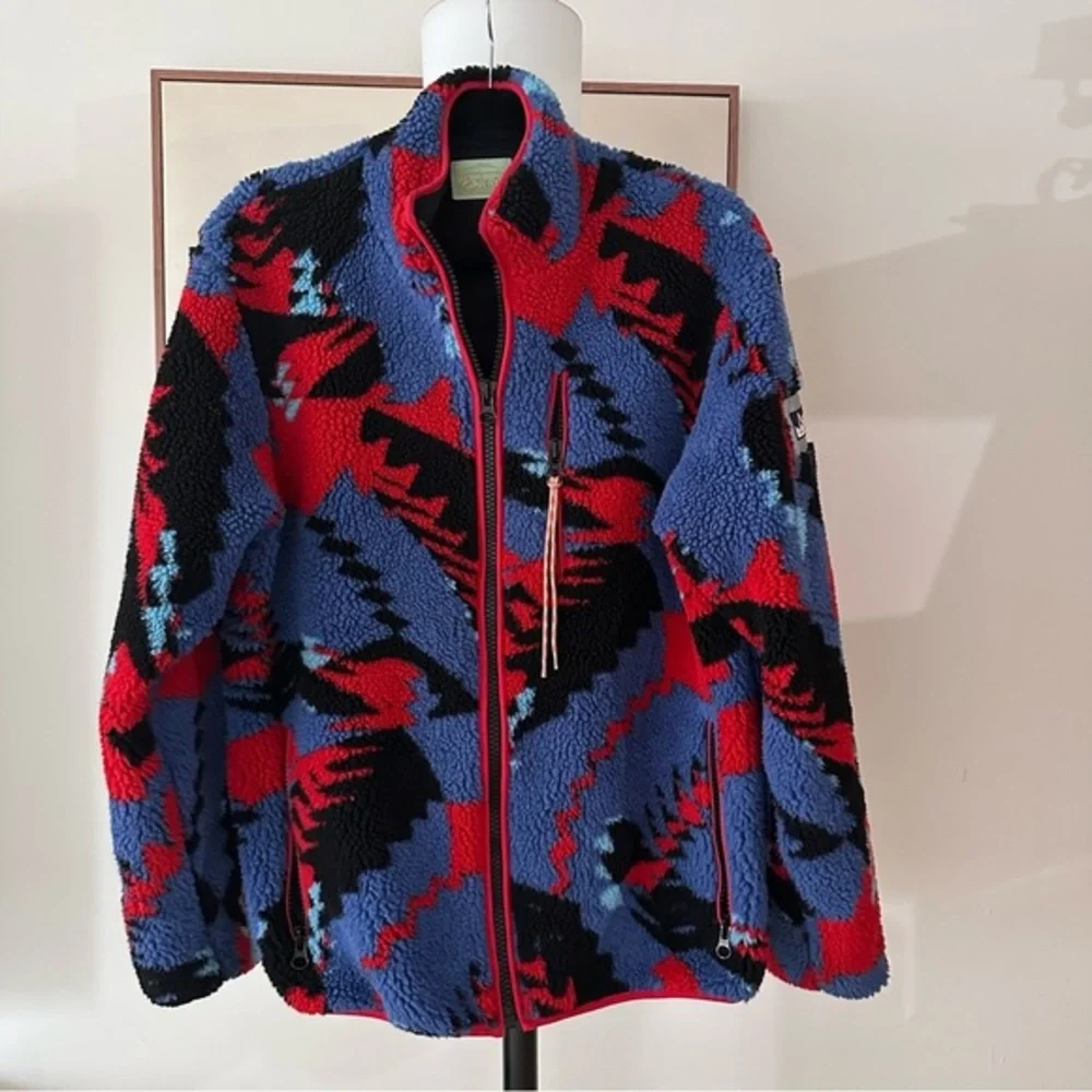 Aries Piped Printed Fleece Jacket Multi Colored Geometric Pattern Zip up size  S